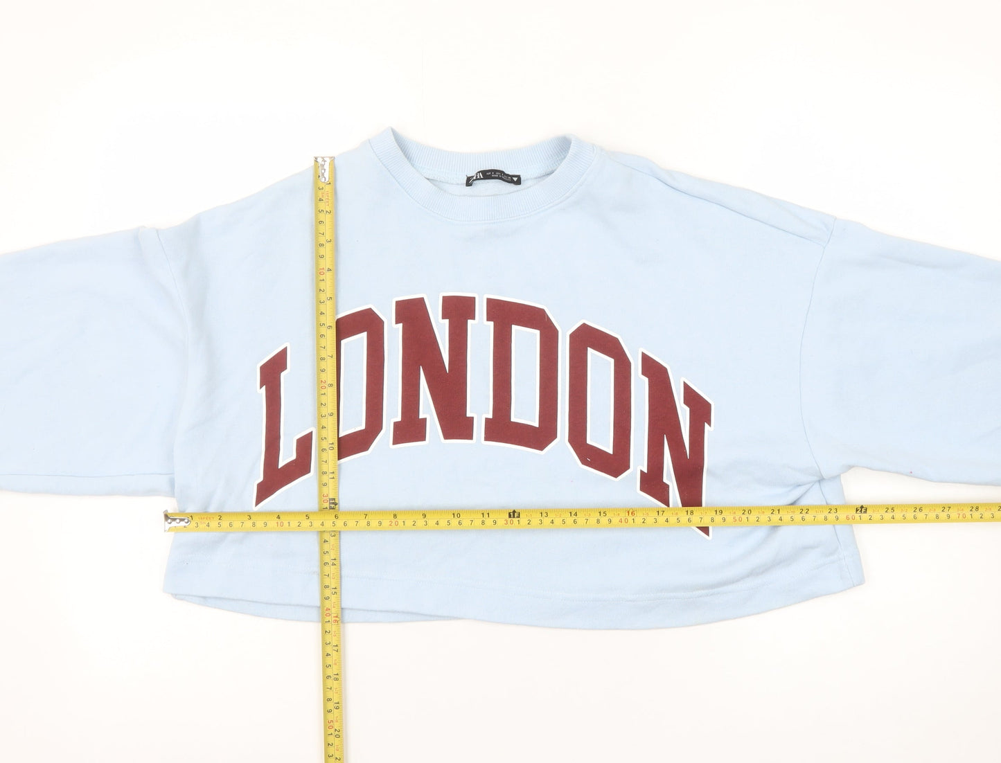 ZARA Women Blue Cropped Pullover Sweatshirt London Logo Size S