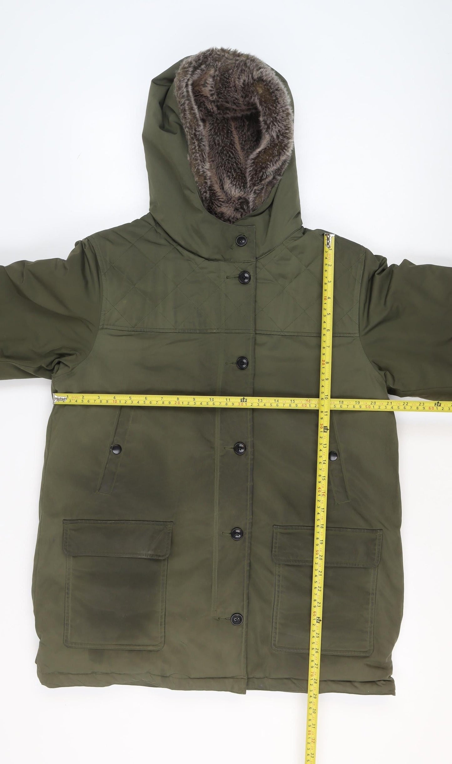 Comptoir des Cotonniers Men’s Green XL Parka Coat Faux Fur Hood