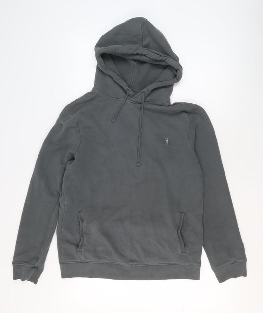 AllSaints Men's Grey Pullover Hoodie Medium Cotton Blend
