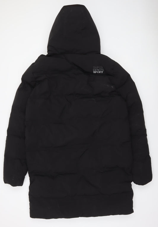 Superdry Women Black M Puffer Jacket Hooded Long Winter Coat