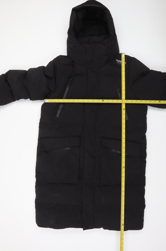 Superdry Women Black M Puffer Jacket Hooded Long Winter Coat