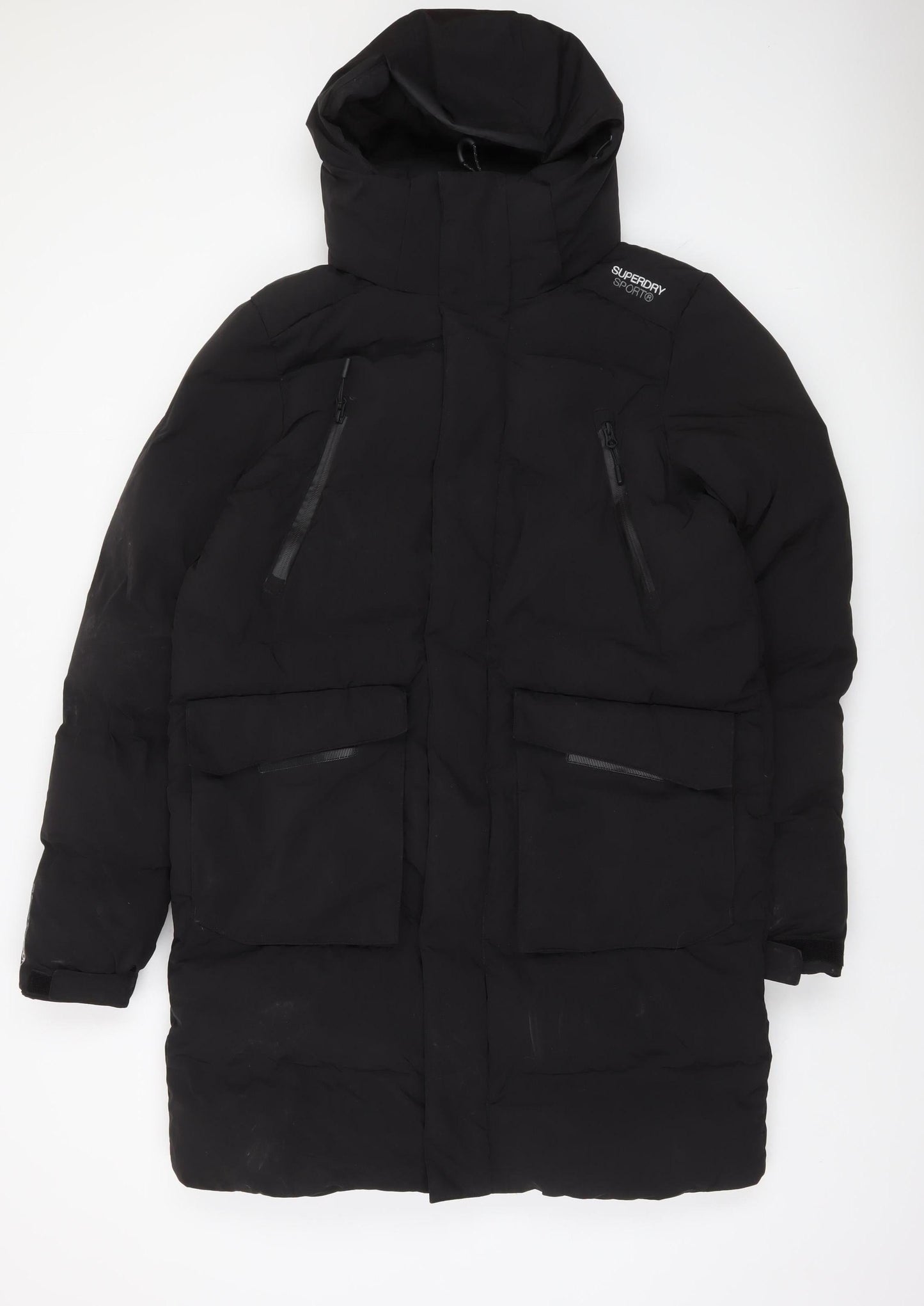Superdry Women Black M Puffer Jacket Hooded Long Winter Coat