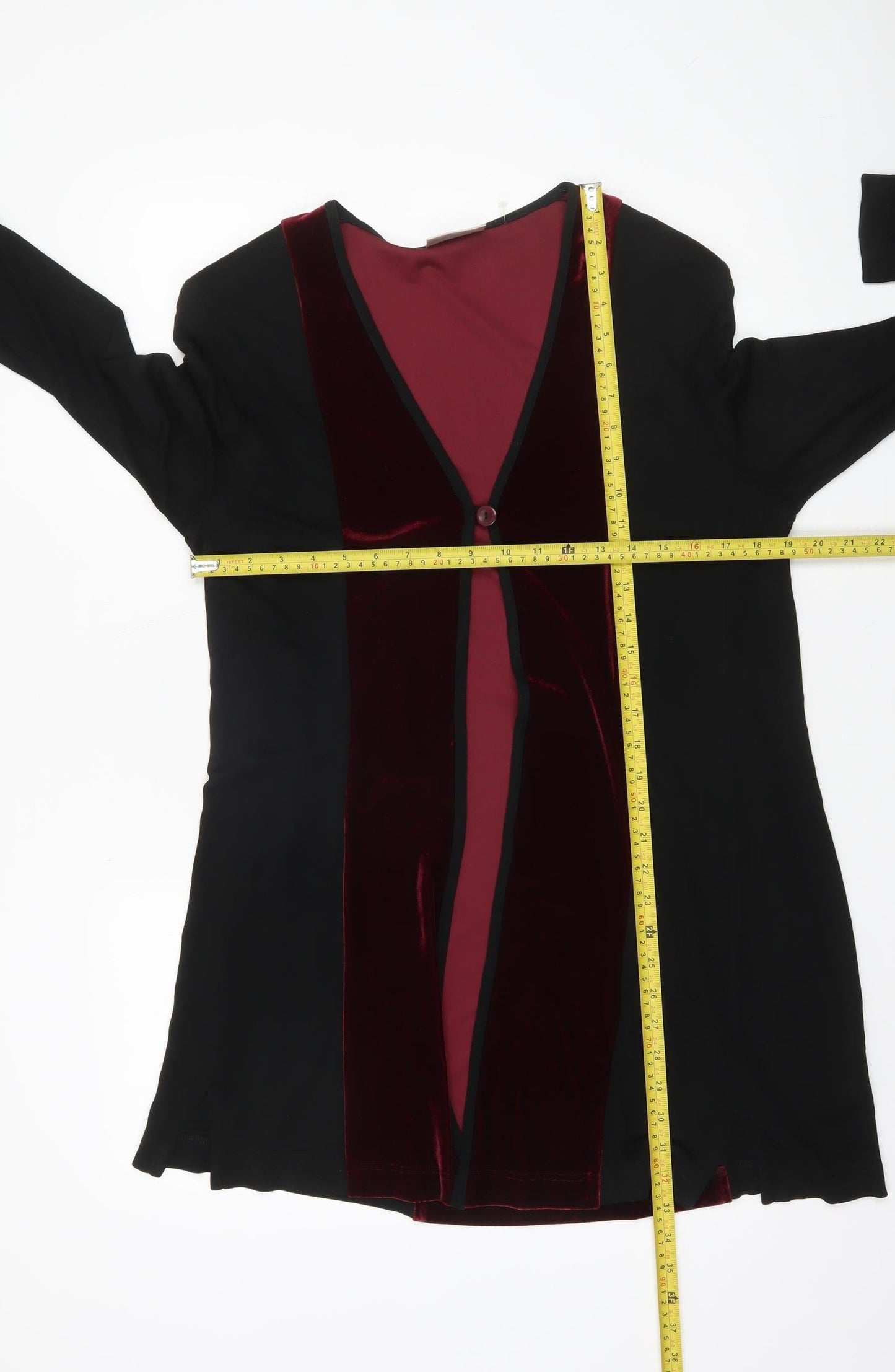 Verse Women’s Black & Burgundy Velvet Trim Mid-Length Coatigan Size 12