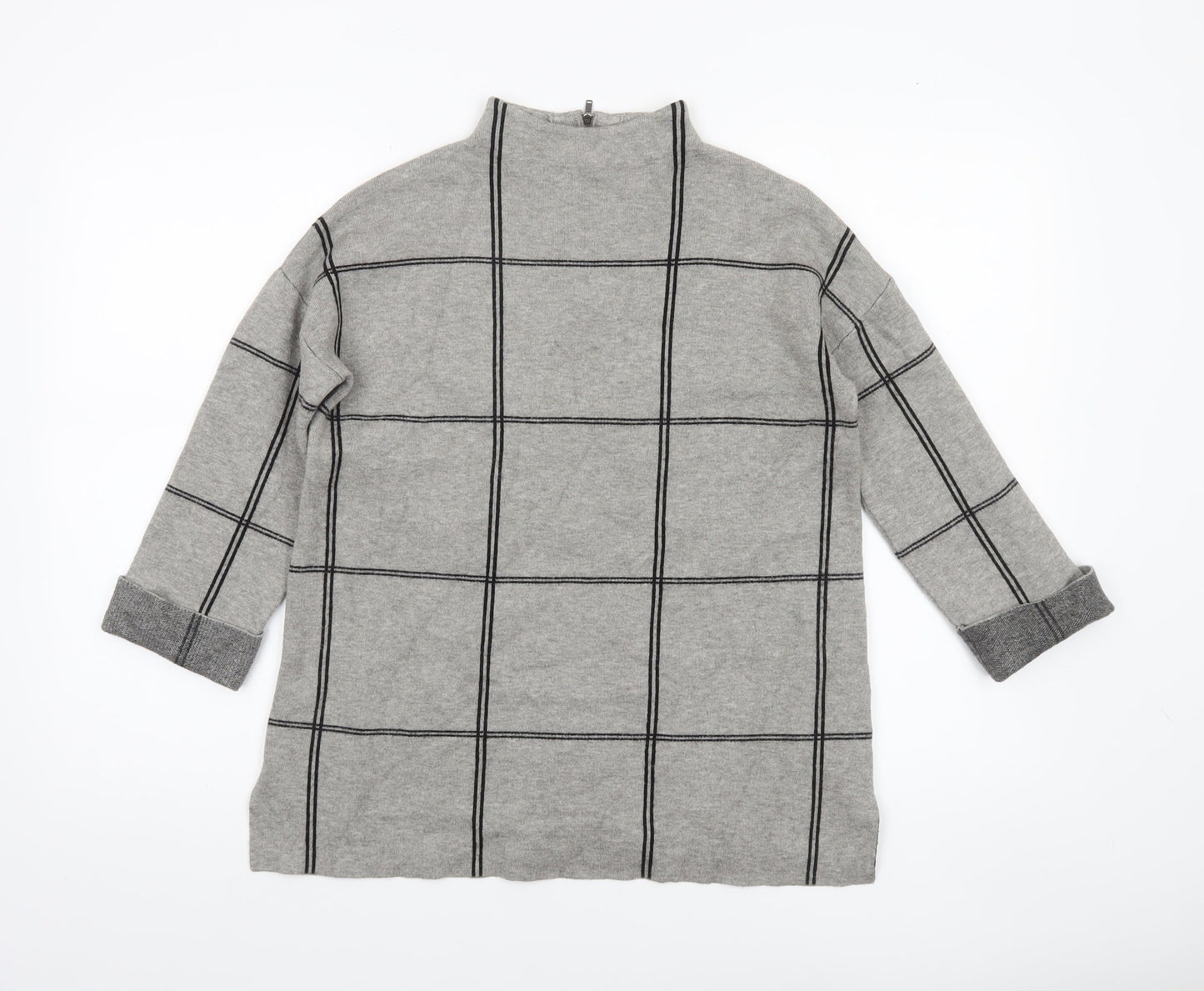 Tahari Women's Grey Checked Mock Neck Knit Jumper Size S