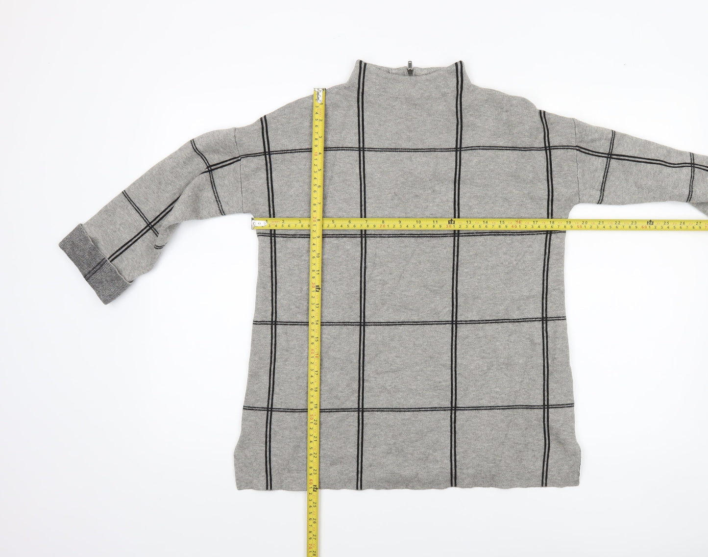 Tahari Women's Grey Checked Mock Neck Knit Jumper Size S