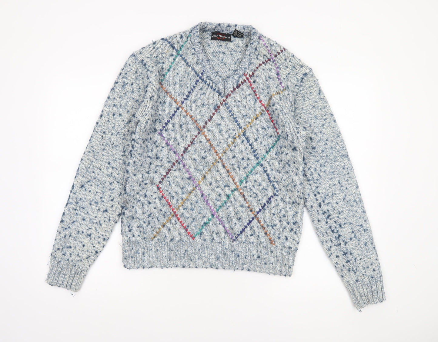 Jean Michaud Men's Blue Argyle Chunky-Knit Wool Blend Pullover Jumper M