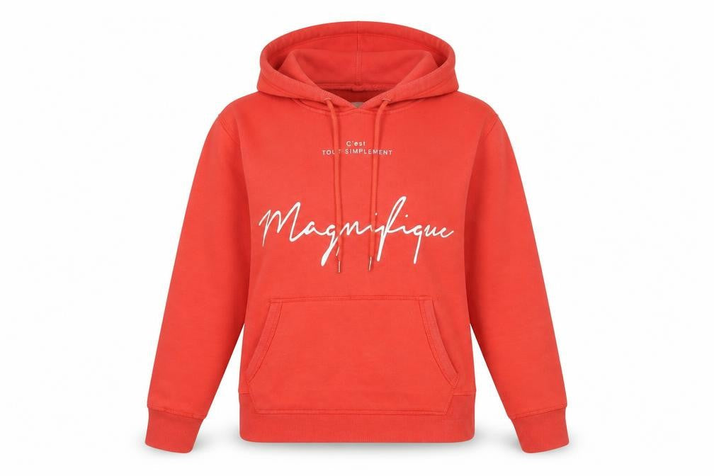 Front view of L.O.G.G. women’s red pullover hoodie magnifique print, size UK 12