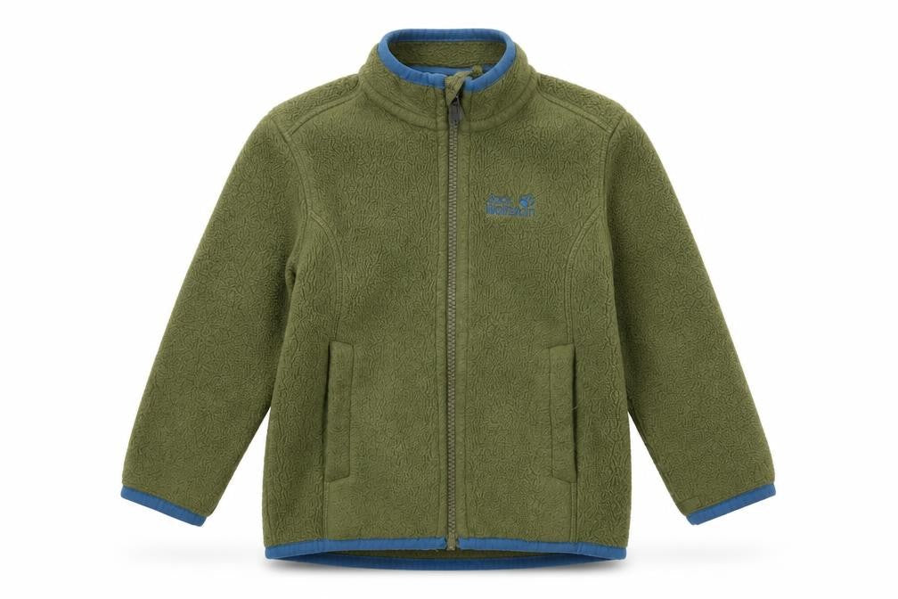Front view of Jack Wolfskin boys’ green fleece full zip jacket, size 2, years