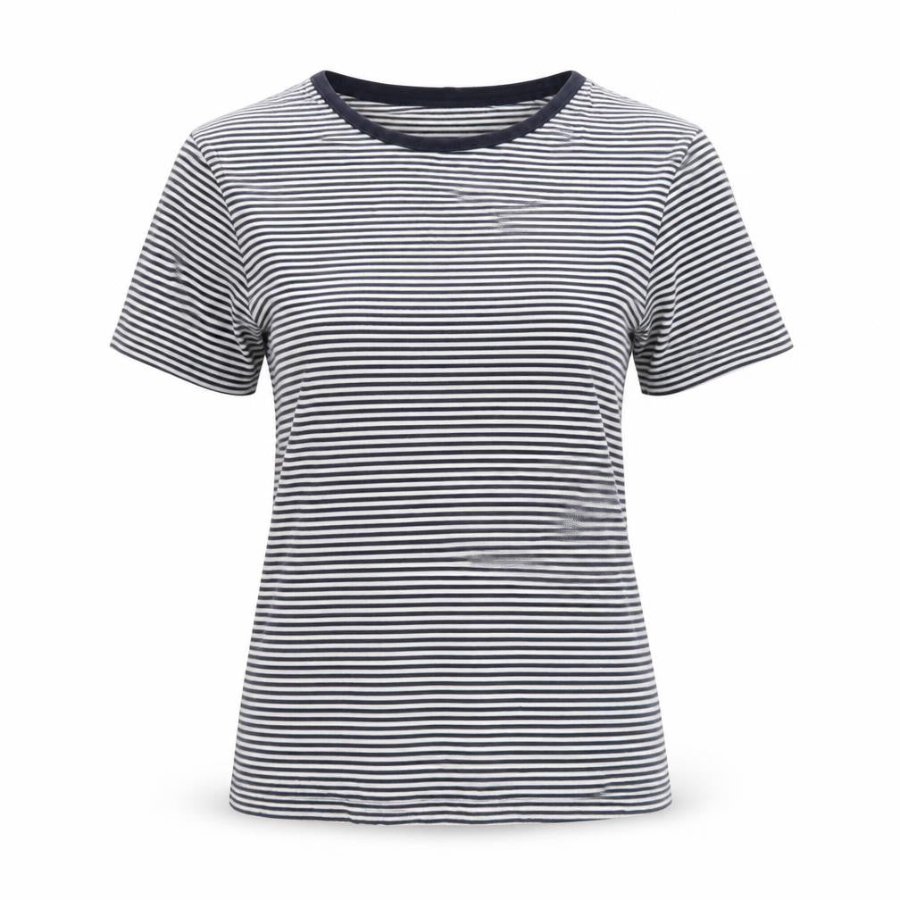 Zara Women Blue Striped Relaxed Fit Cotton T-Shirt Size S