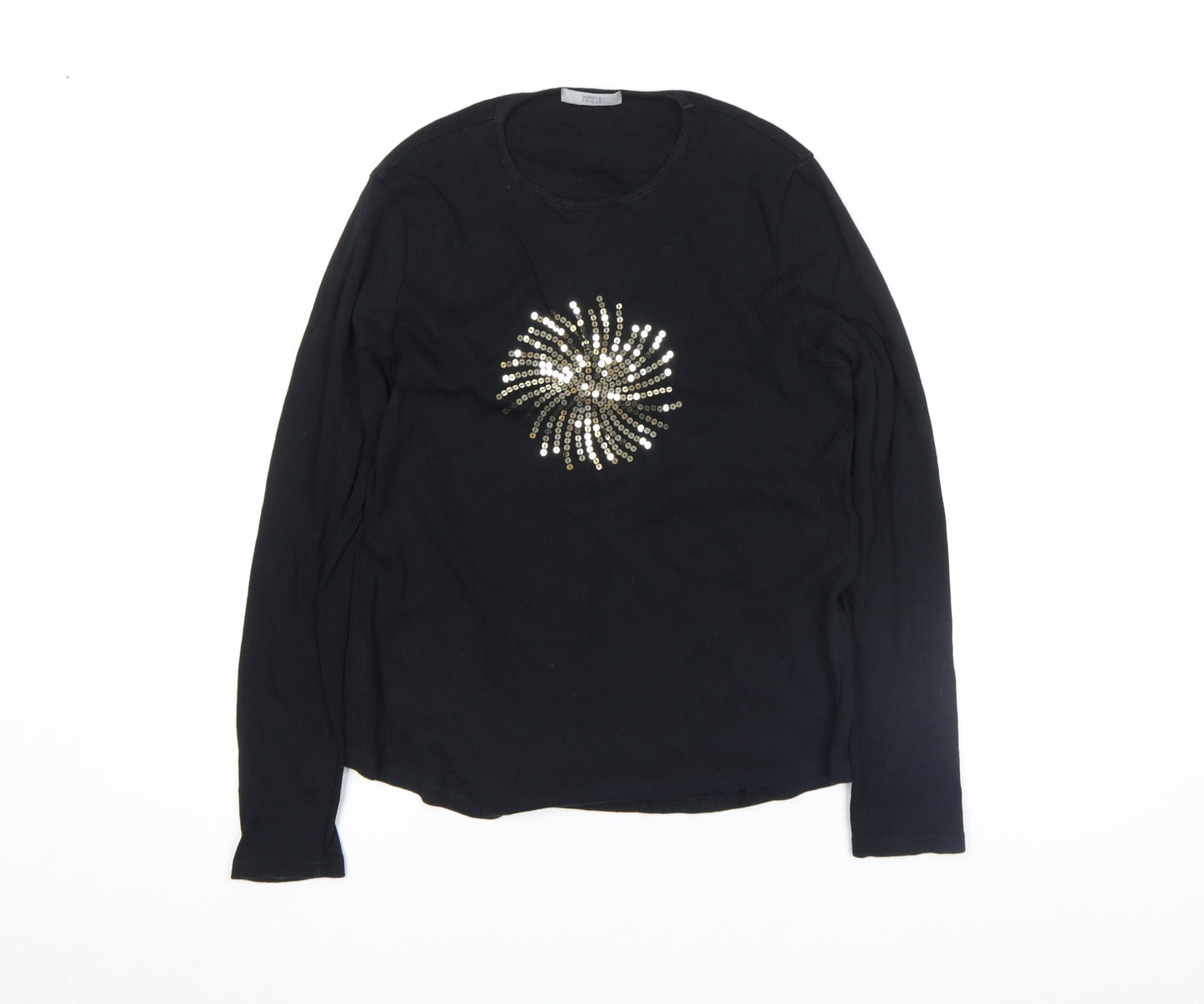 Marks and Spencer Women's Black Sequin Long Sleeve Cotton T-Shirt UK 12