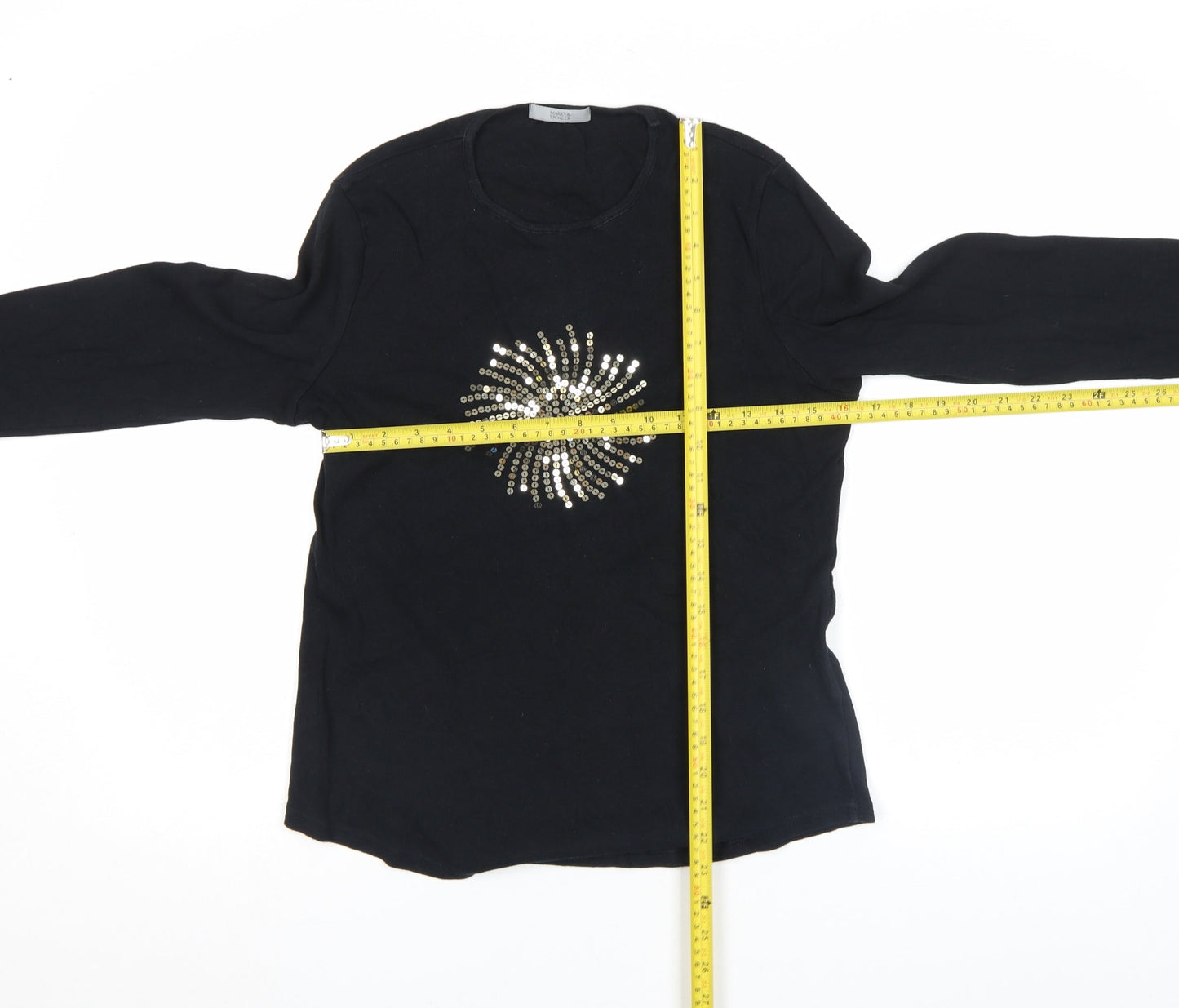 Marks and Spencer Women's Black Sequin Long Sleeve Cotton T-Shirt UK 12