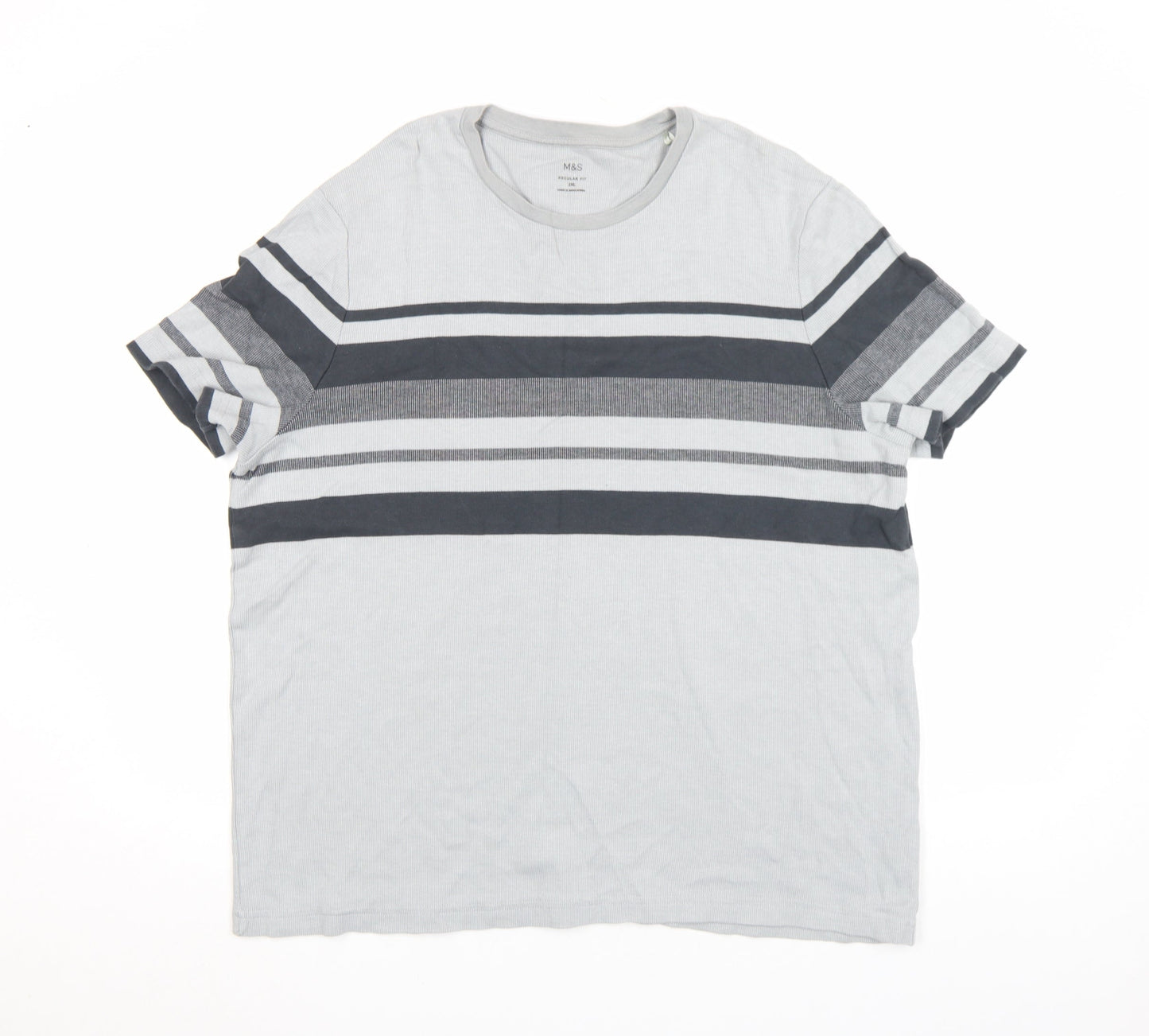 Marks and Spencer Men's Grey Striped Cotton Crew Neck T-Shirt 2XL Regular Fit