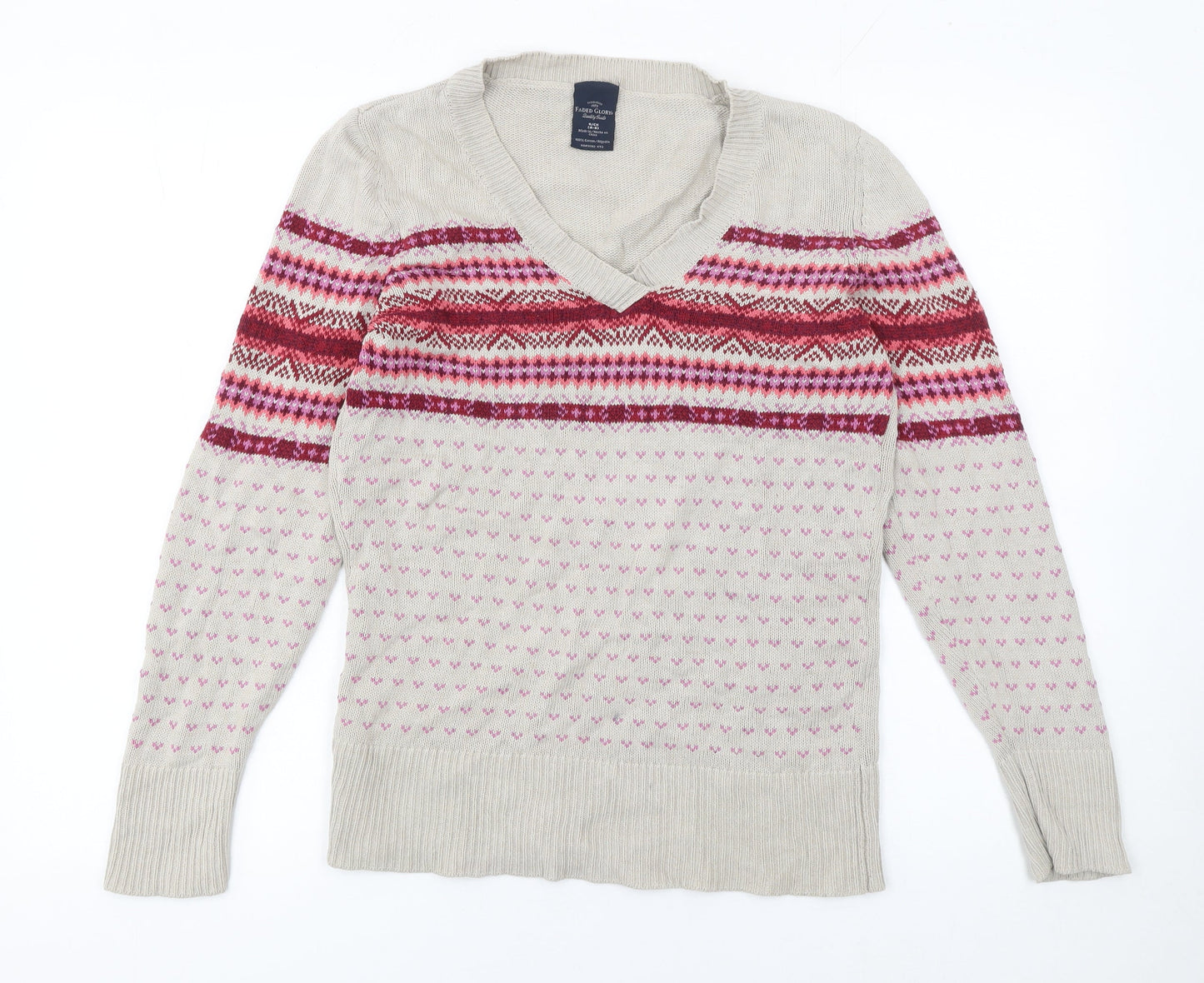 Faded Glory Womens Beige Fair Isle V-Neck Cotton Jumper Size S