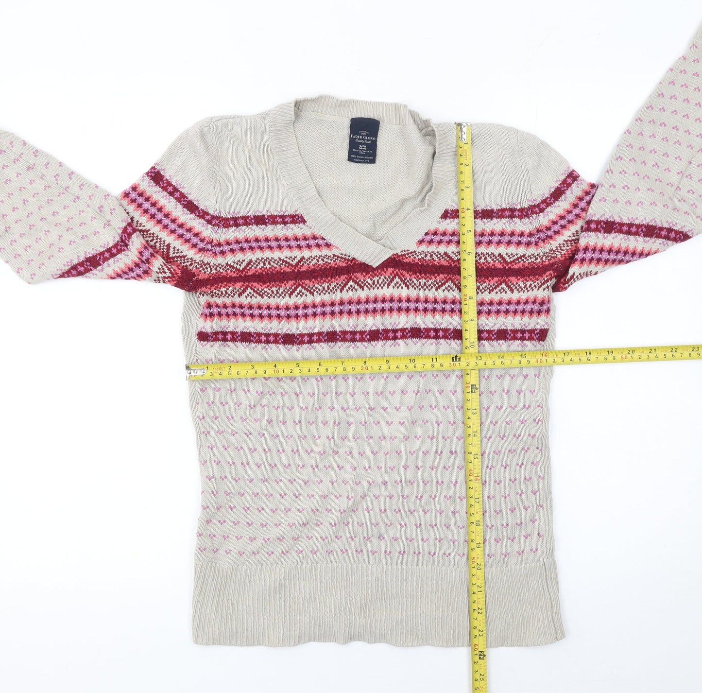 Faded Glory Womens Beige Fair Isle V-Neck Cotton Jumper Size S