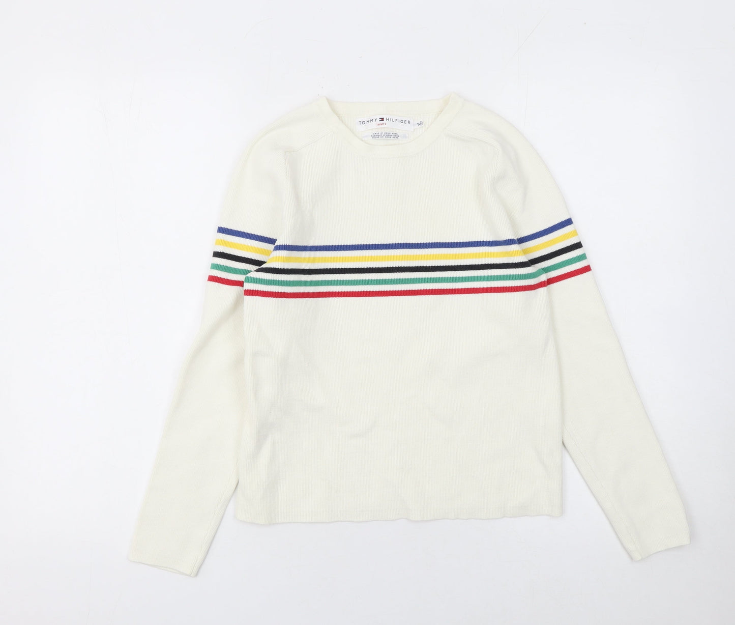 Tommy Hilfiger Women White Stripe Crew Knit Cotton Jumper Size S
