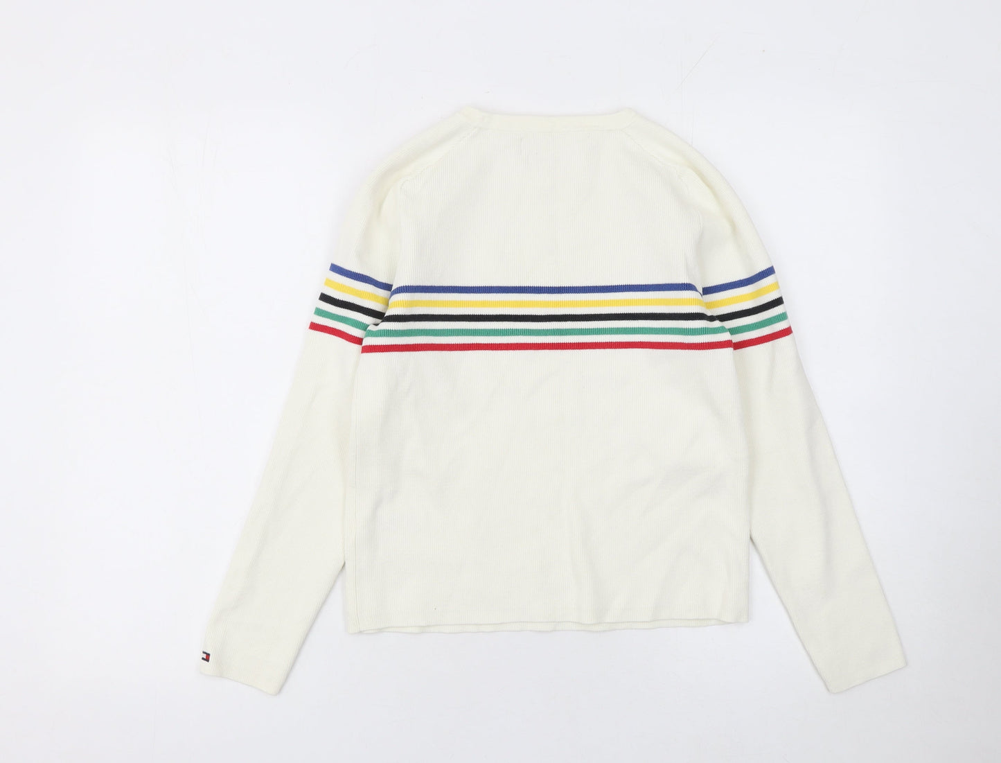 Tommy Hilfiger Women White Stripe Crew Knit Cotton Jumper Size S