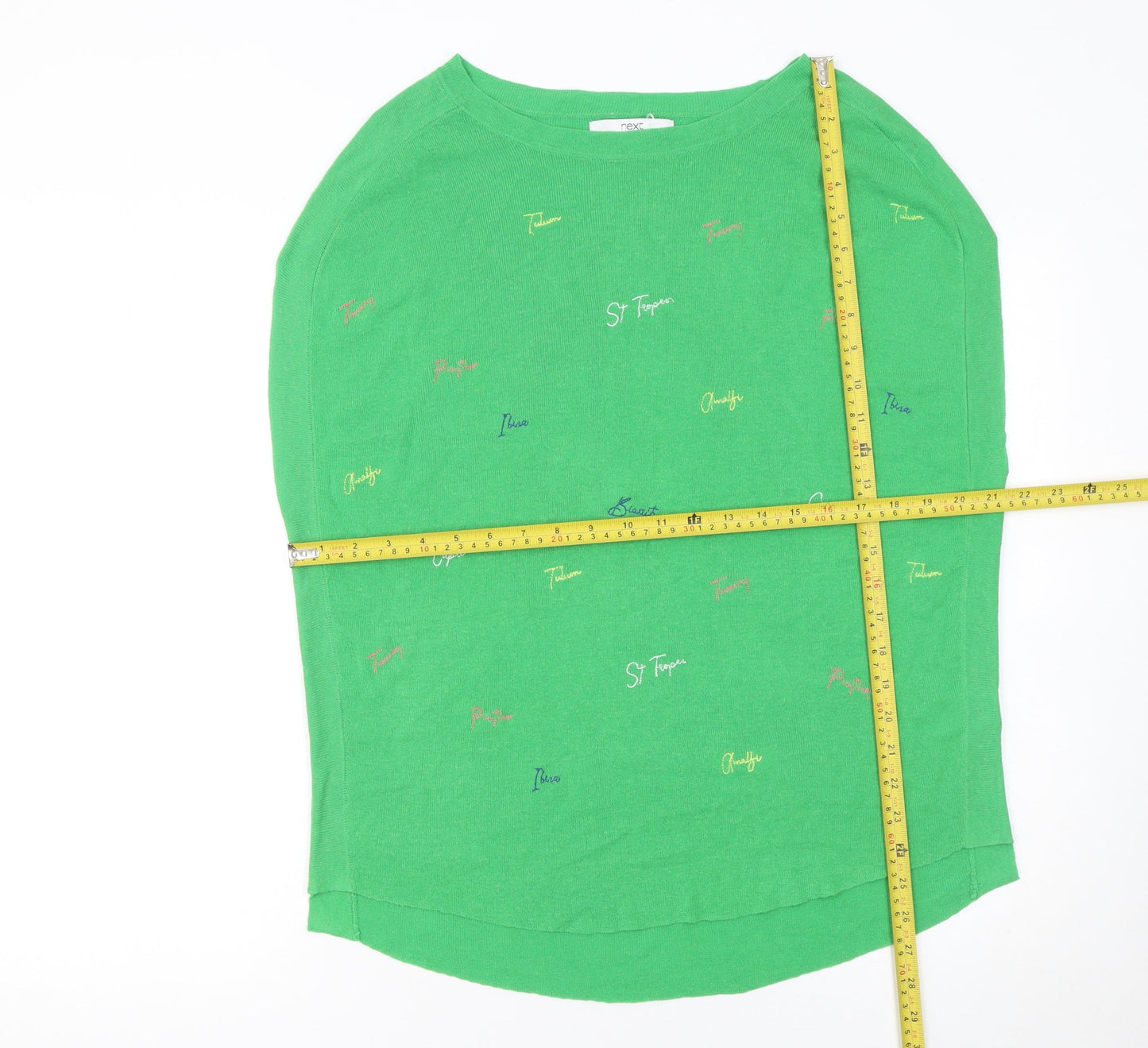 Next Women's Green Embroidered Relaxed Fit Linen Blend Pullover Jumper Size 12