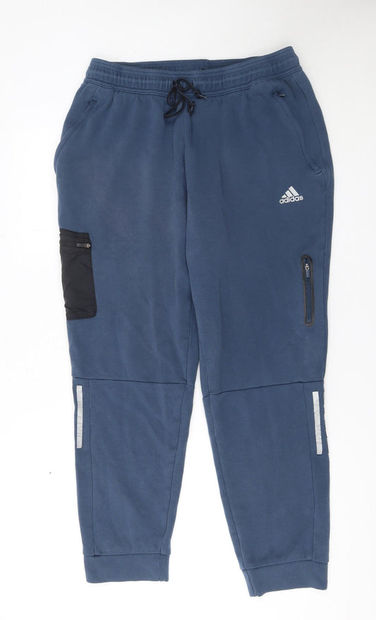 Adidas Men Blue Jogger Fleece Trousers L Reflective Pockets