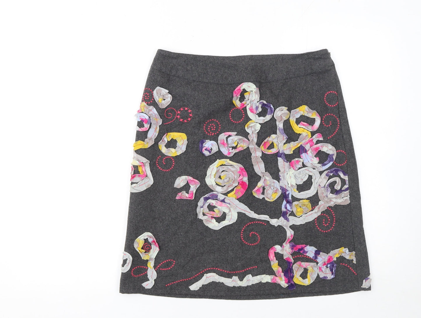 White Stuff Womens Grey Embroidered A-Line Wool Blend Skirt Size 10