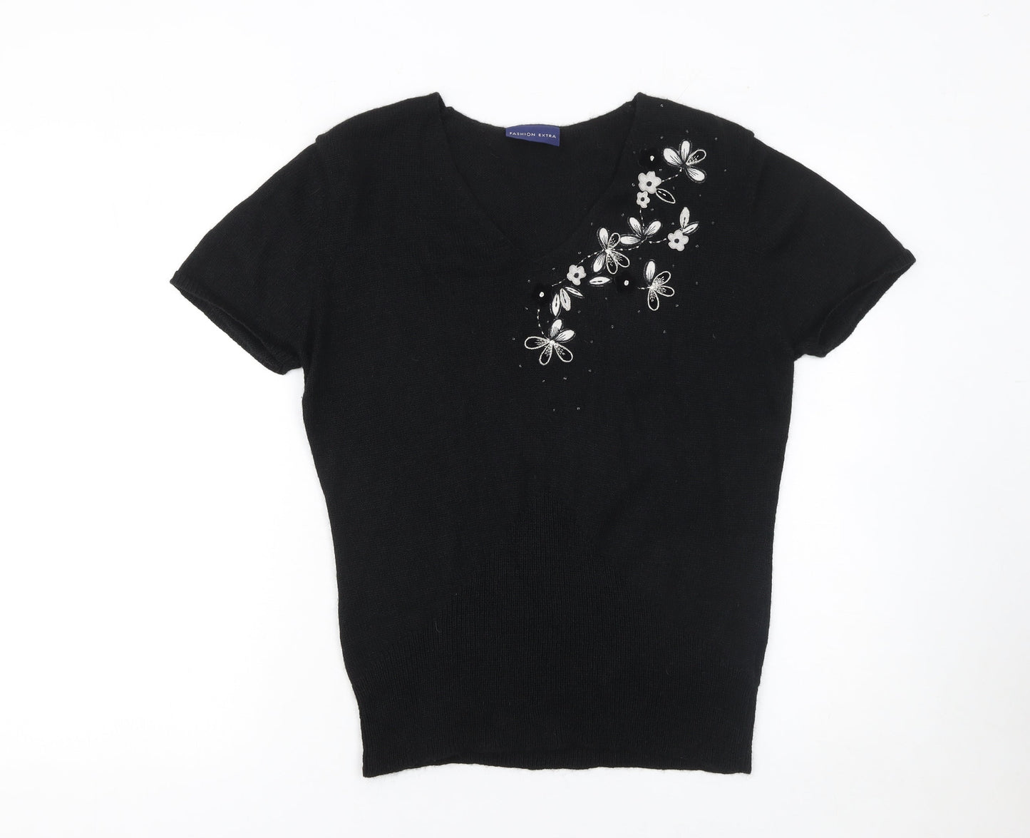 Fashion Extra Women's Black V-Neck Short Sleeve Pullover Jumper Size 16