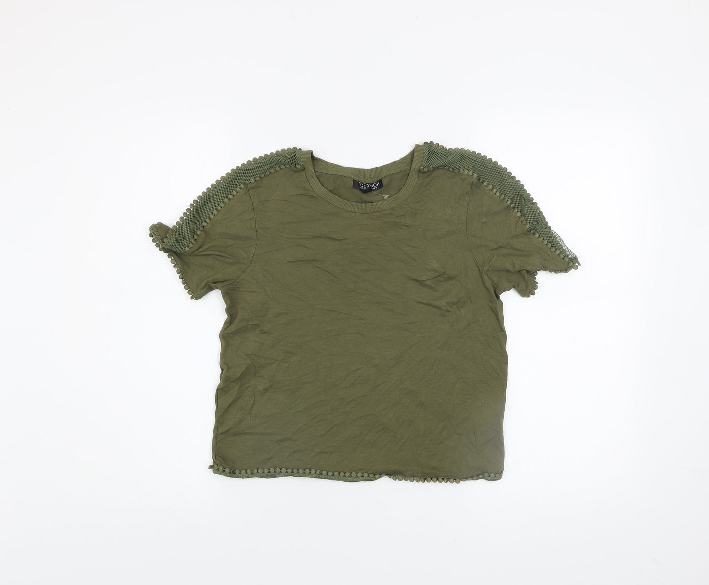 Topshop Women's Green Crochet Trim Crew Neck T-Shirt Size 10