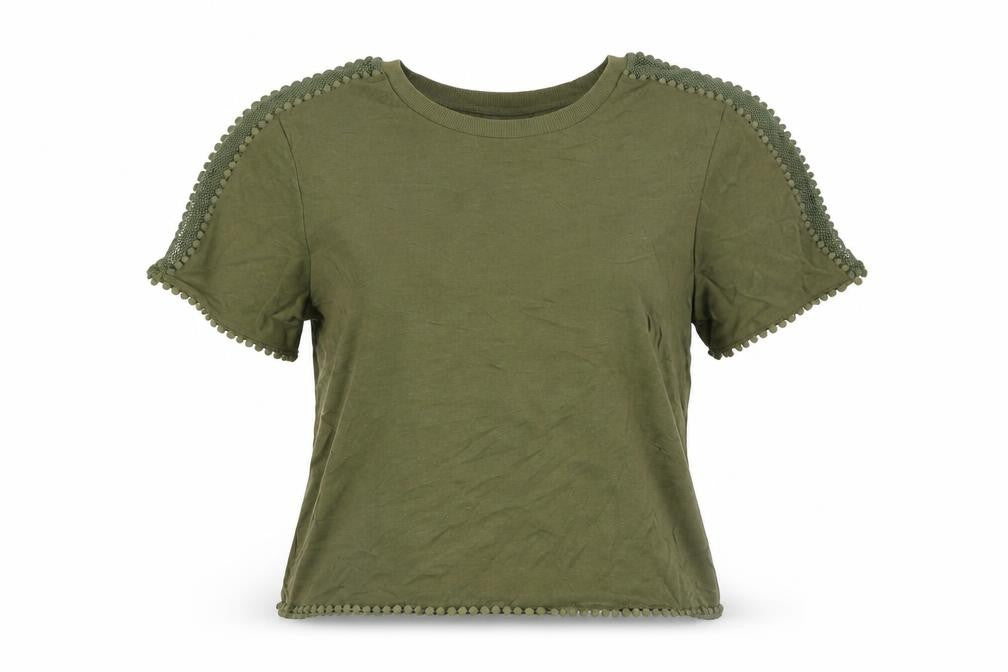 Topshop Women's Green Crochet Trim Crew Neck T-Shirt Size 10