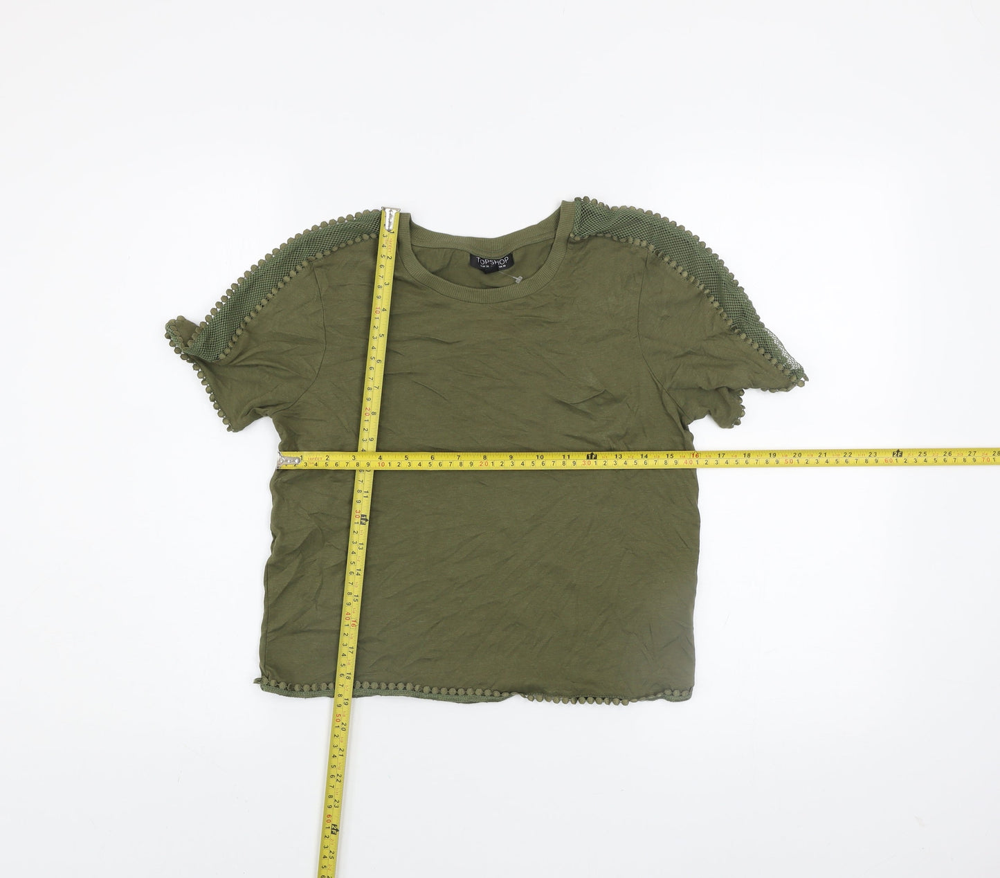 Topshop Women's Green Crochet Trim Crew Neck T-Shirt Size 10