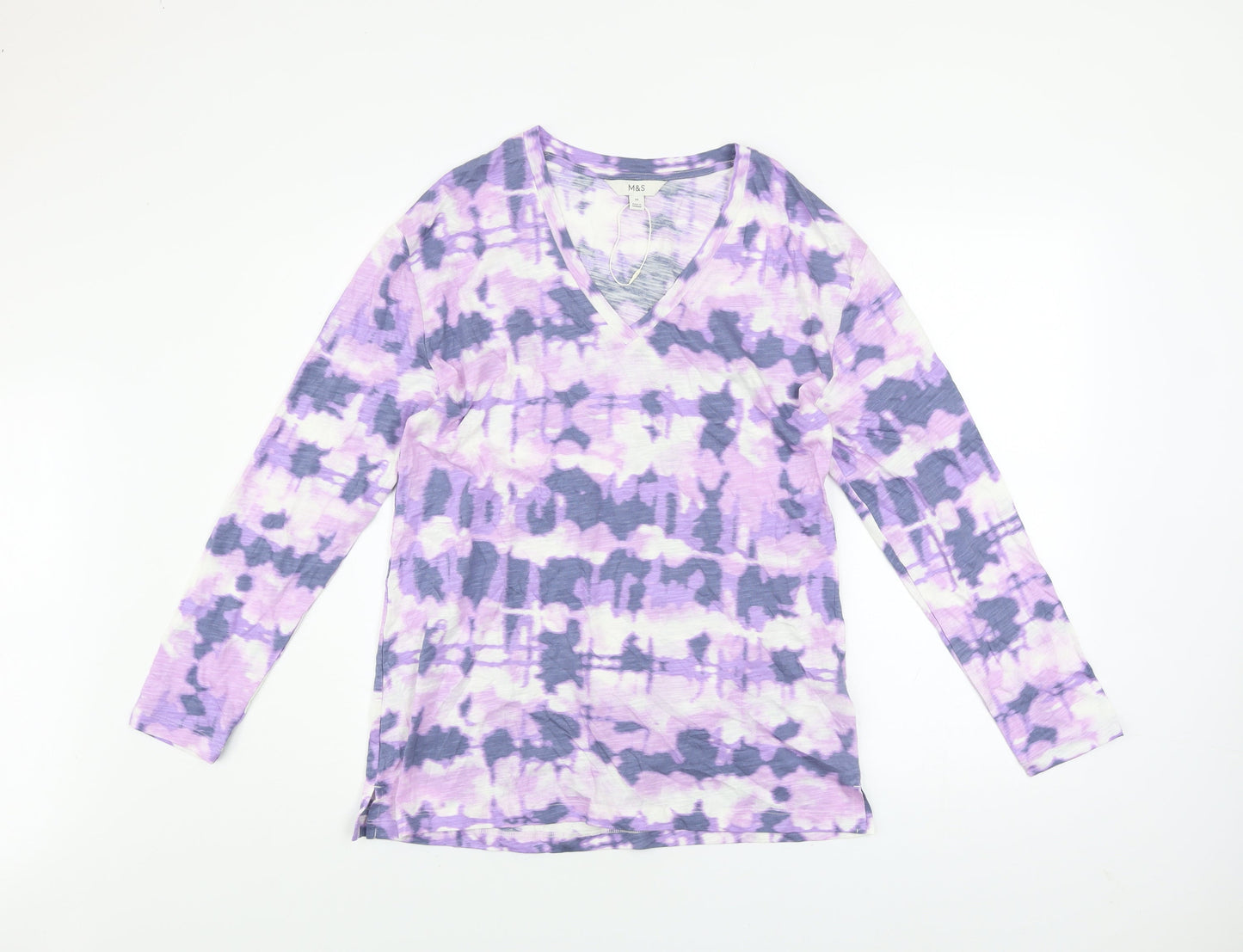 Marks and Spencer Women’s Multicoloured Tie Dye Long Sleeve V-Neck Cotton Modal T-Shirt Size 10