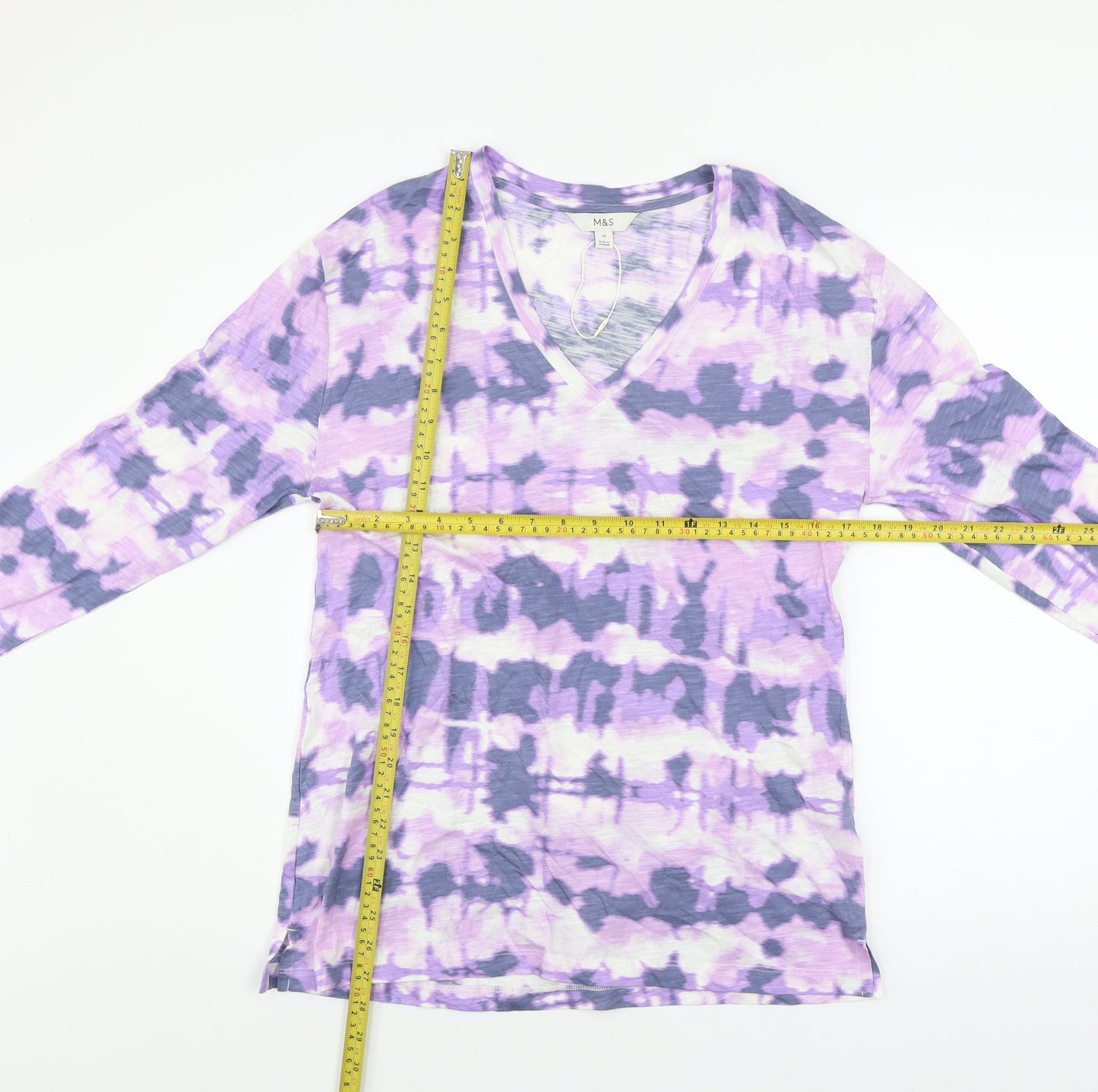 Marks and Spencer Women’s Multicoloured Tie Dye Long Sleeve V-Neck Cotton Modal T-Shirt Size 10