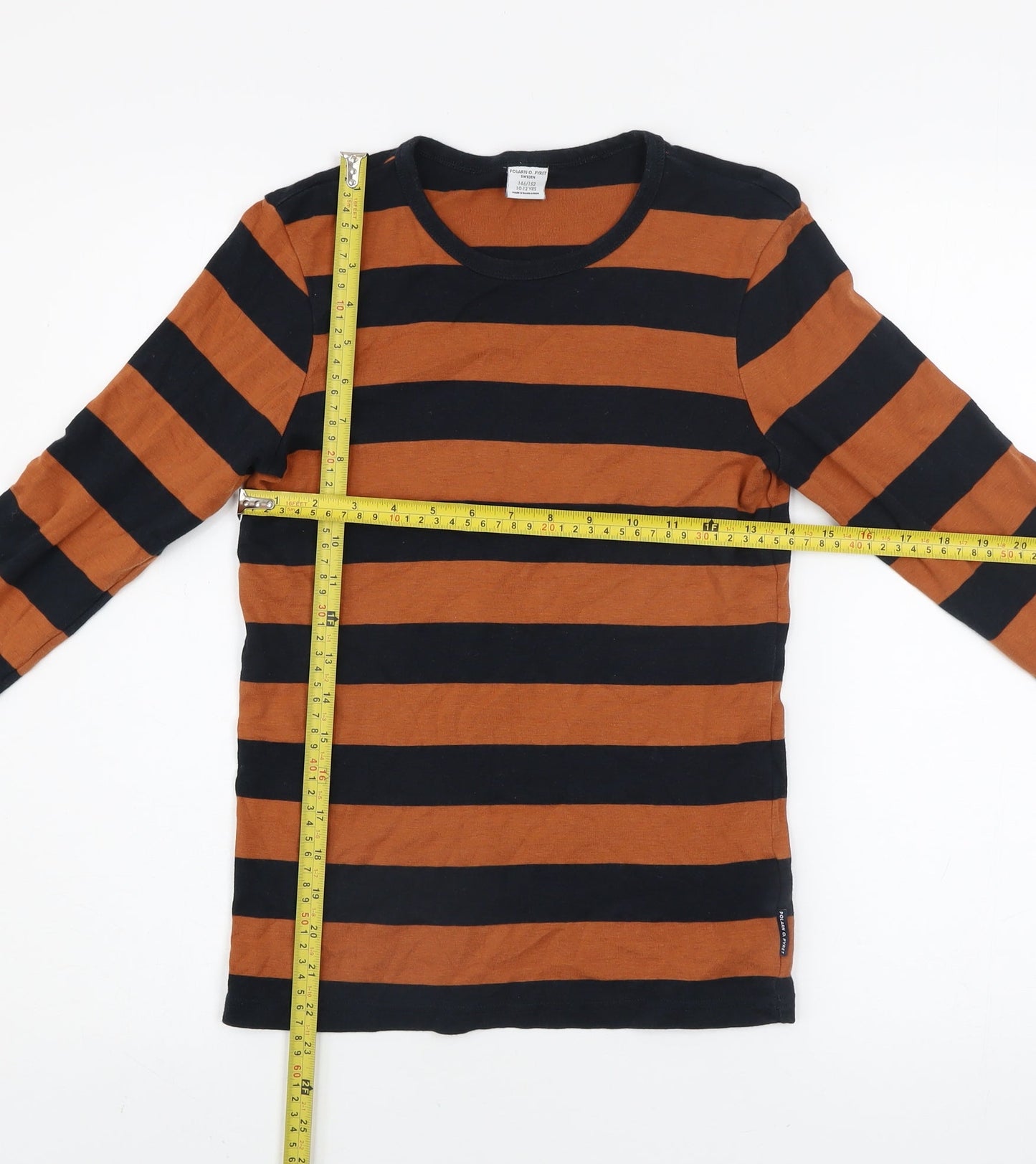 Polarn O. Pyret Boys Brown & Black Striped Long Sleeve Cotton T-Shirt 10-12Y