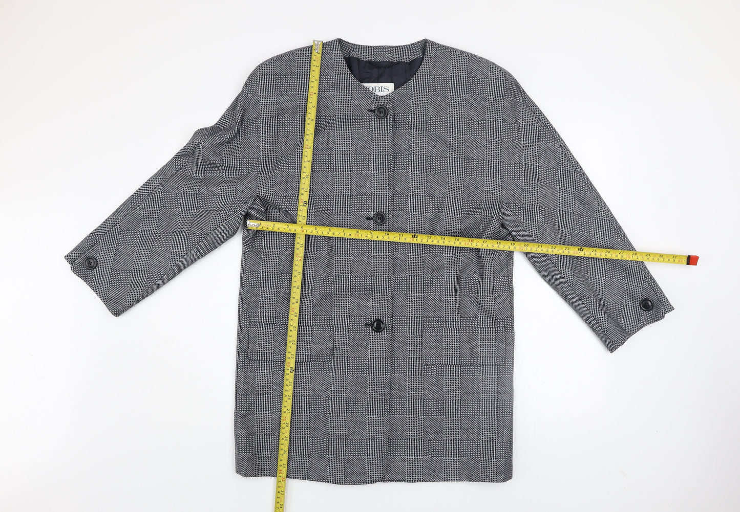 JOBIS Women's Grey Wool Checked Mid-Length Overcoat Size 8