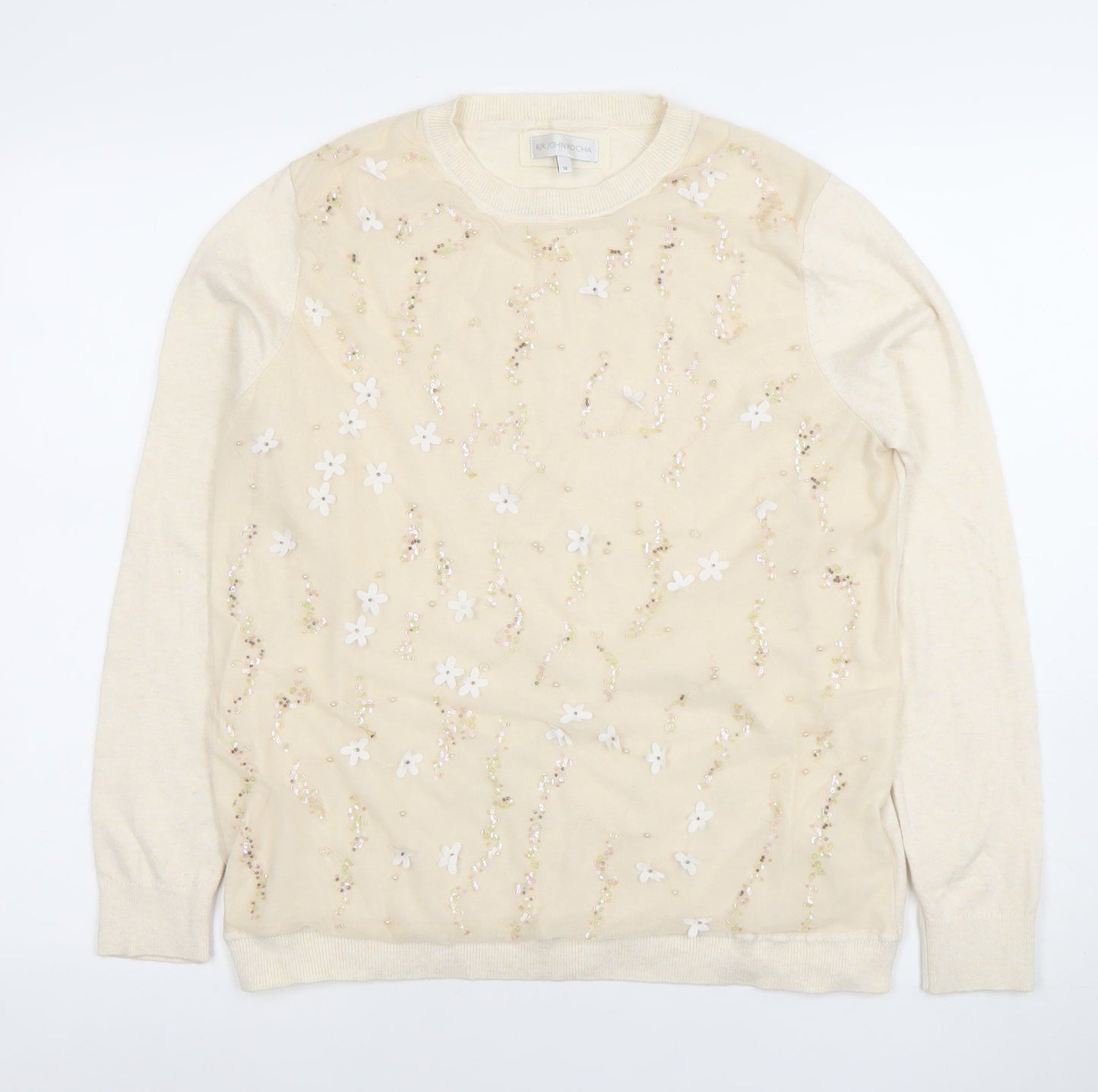 RJR John Rocha Women Ivory Beaded Floral Knit Top Size 16