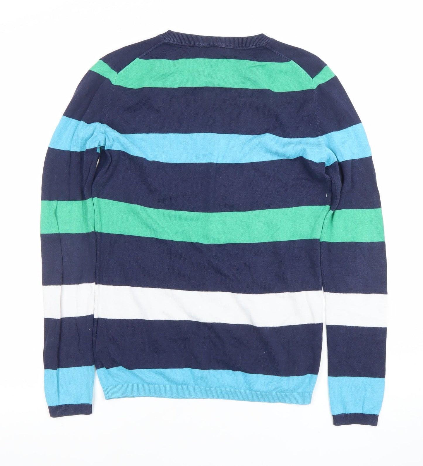 Tommy Hilfiger Men's Blue Striped V-Neck Cotton Jumper XS