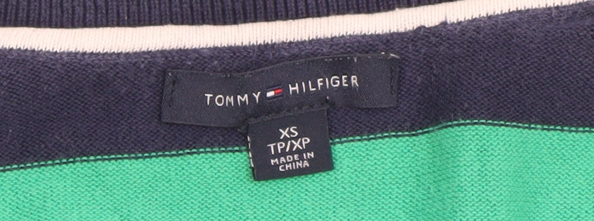Tommy Hilfiger Men's Blue Striped V-Neck Cotton Jumper XS