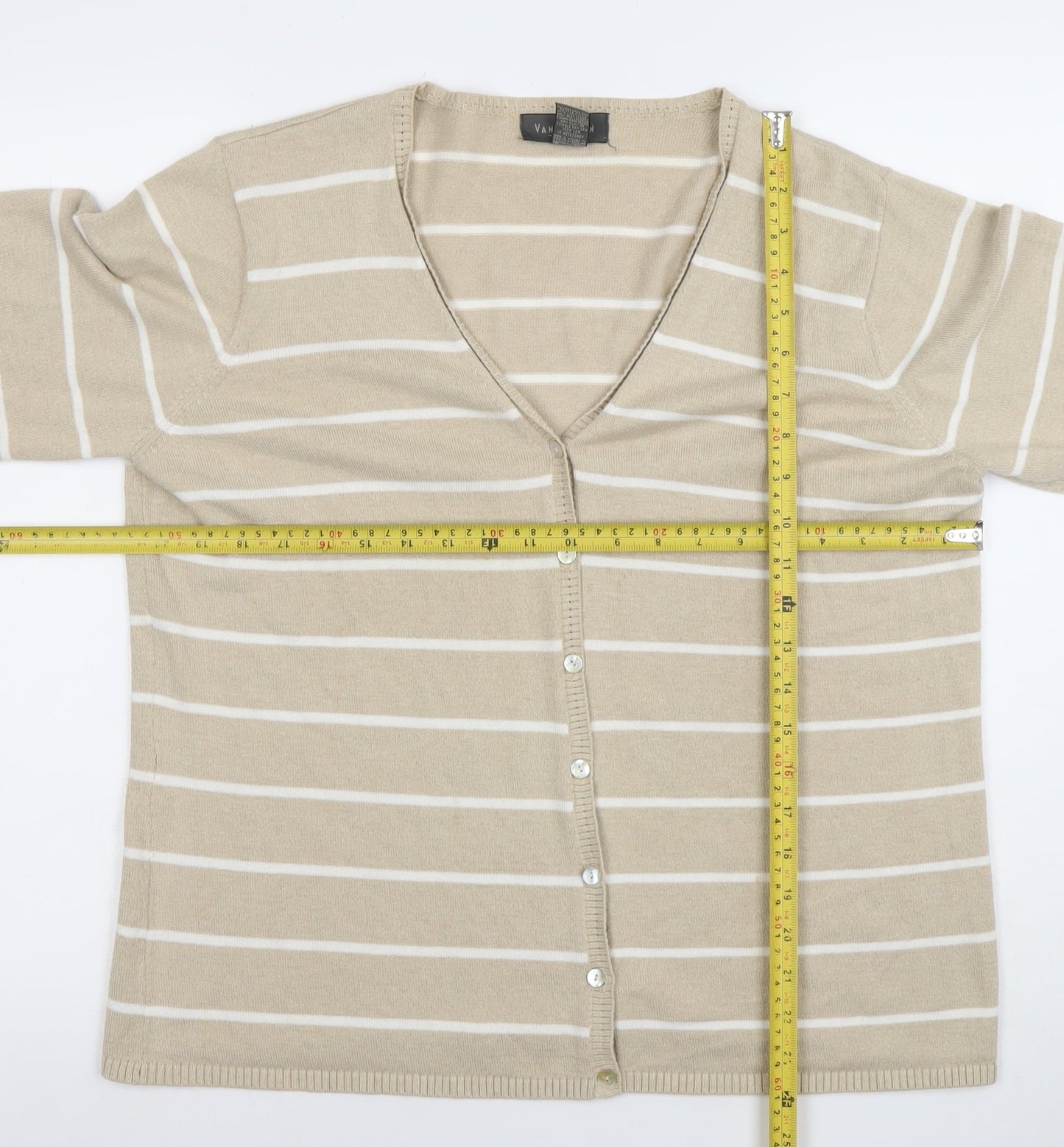 Van Heusen Women Beige Striped V-Neck Cardigan Size L