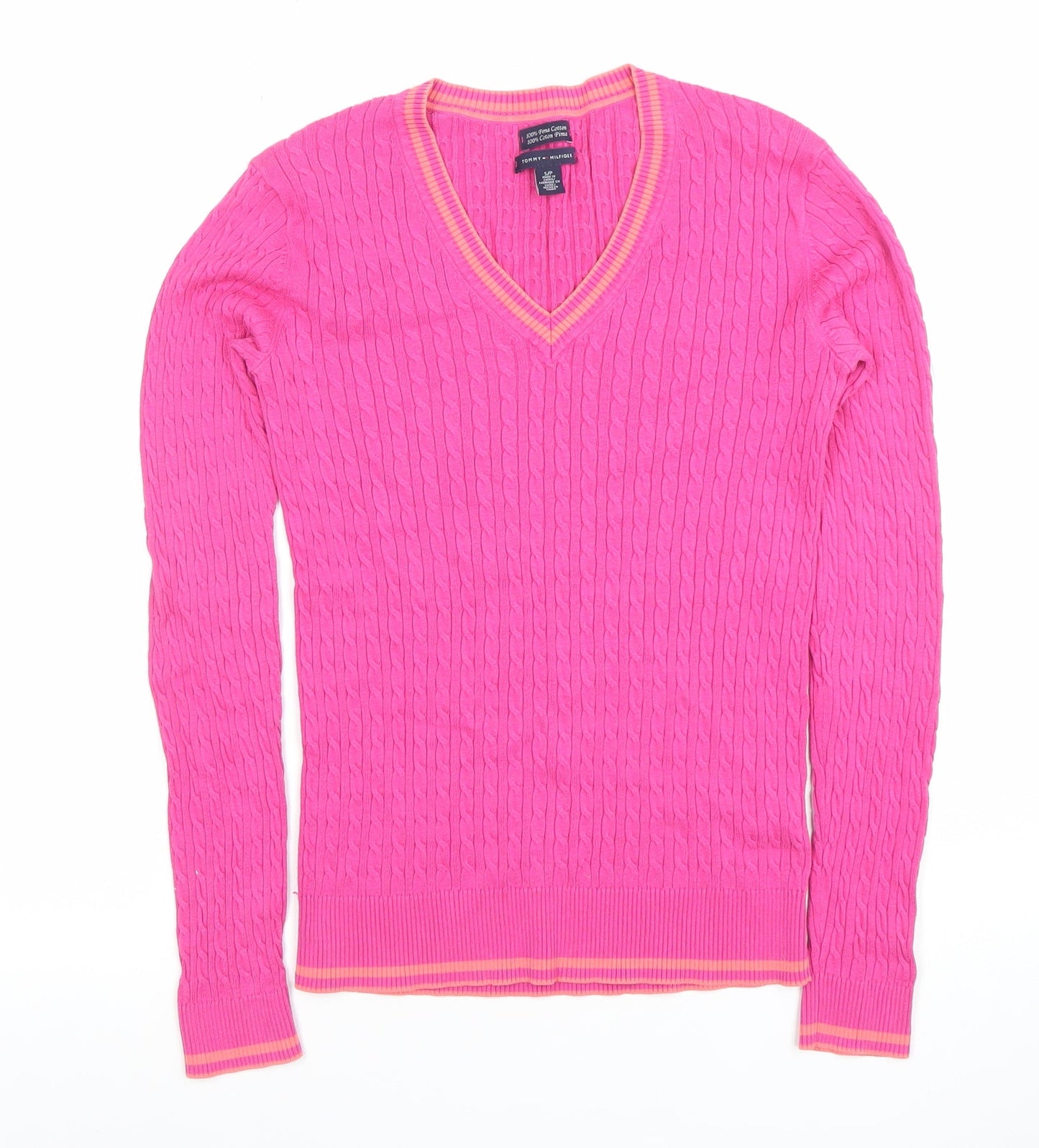 Tommy Hilfiger Women’s Pink Cable-Knit V-Neck Cotton Jumper Size S