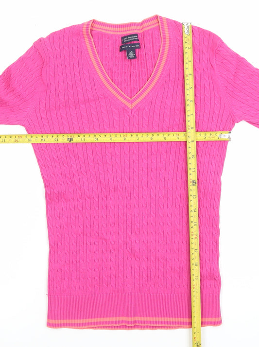 Tommy Hilfiger Women’s Pink Cable-Knit V-Neck Cotton Jumper Size S