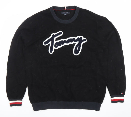 Tommy Hilfiger Men Black 2XL Crew Neck Cotton Graphic Pullover Jumper