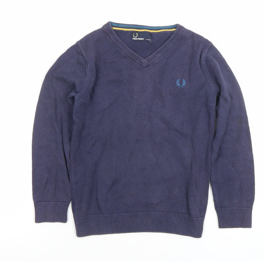 Fred Perry Boys Navy Blue V-Neck Cotton Jumper 5-6 Years Classic Knit
