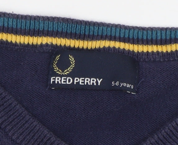 Fred Perry Boys Navy Blue V-Neck Cotton Jumper 5-6 Years Classic Knit