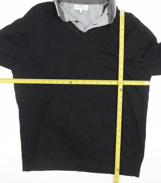 Next Men's Black V-Neck Long Sleeve Polo Sweater Size L Cotton Blend