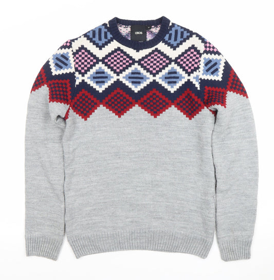 ASOS Men’s Grey Geometric Knit Jumper Size M Long Sleeve Pullover