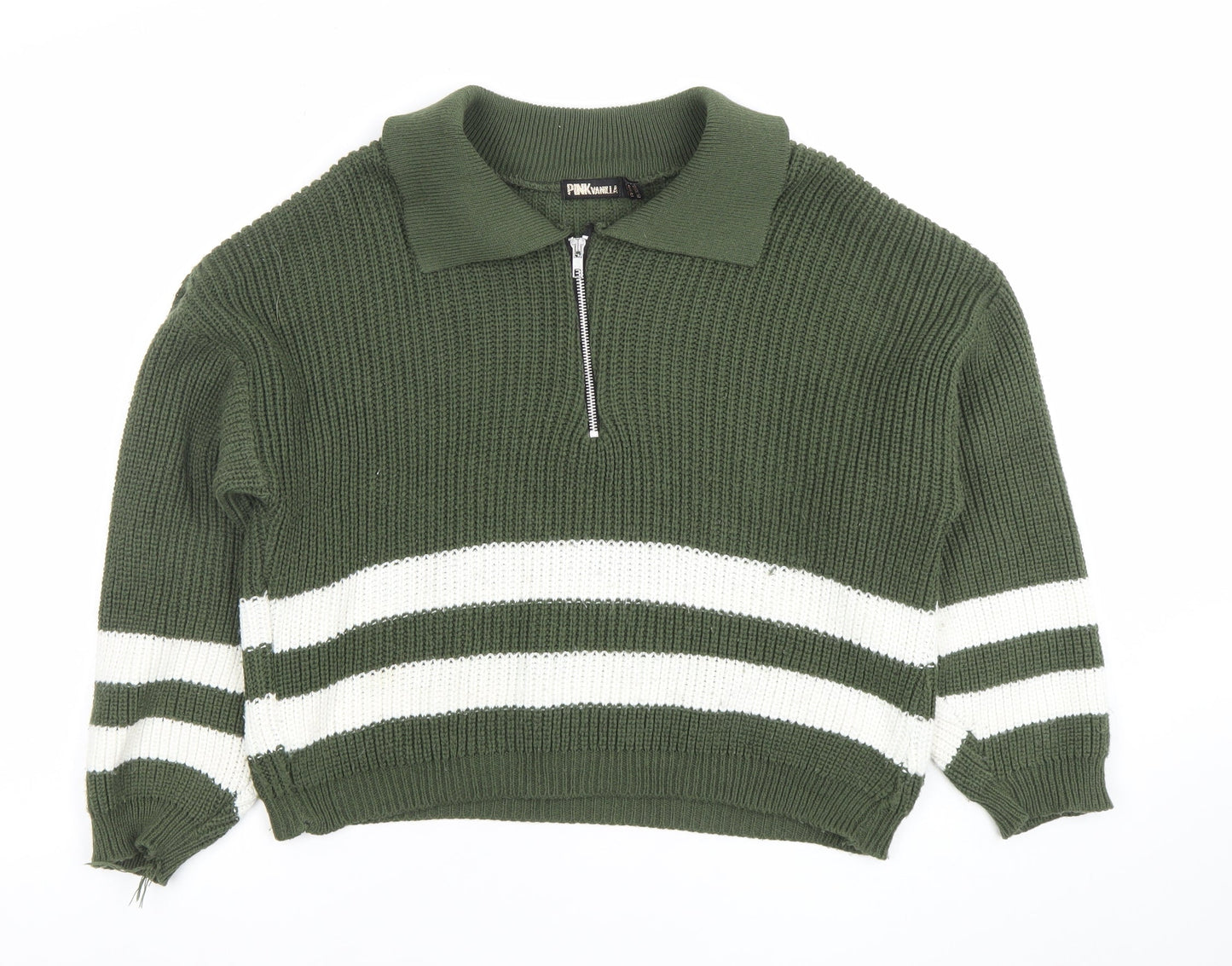 Pink Vanilla Women’s Green Collared Half Zip Chunky Knit Jumper Size S