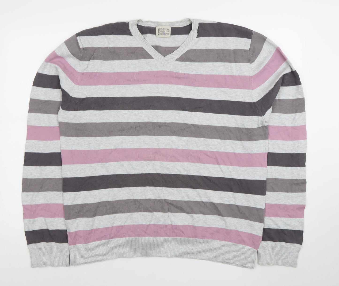BHS Men's Grey Striped Cotton V-Neck Jumper Large