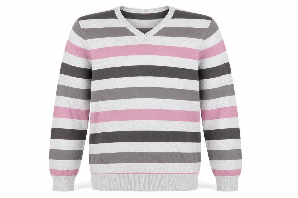 BHS Men's Grey Striped Cotton V-Neck Jumper Large