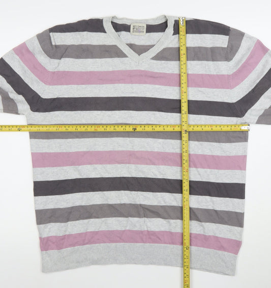 BHS Men's Grey Striped Cotton V-Neck Jumper Large