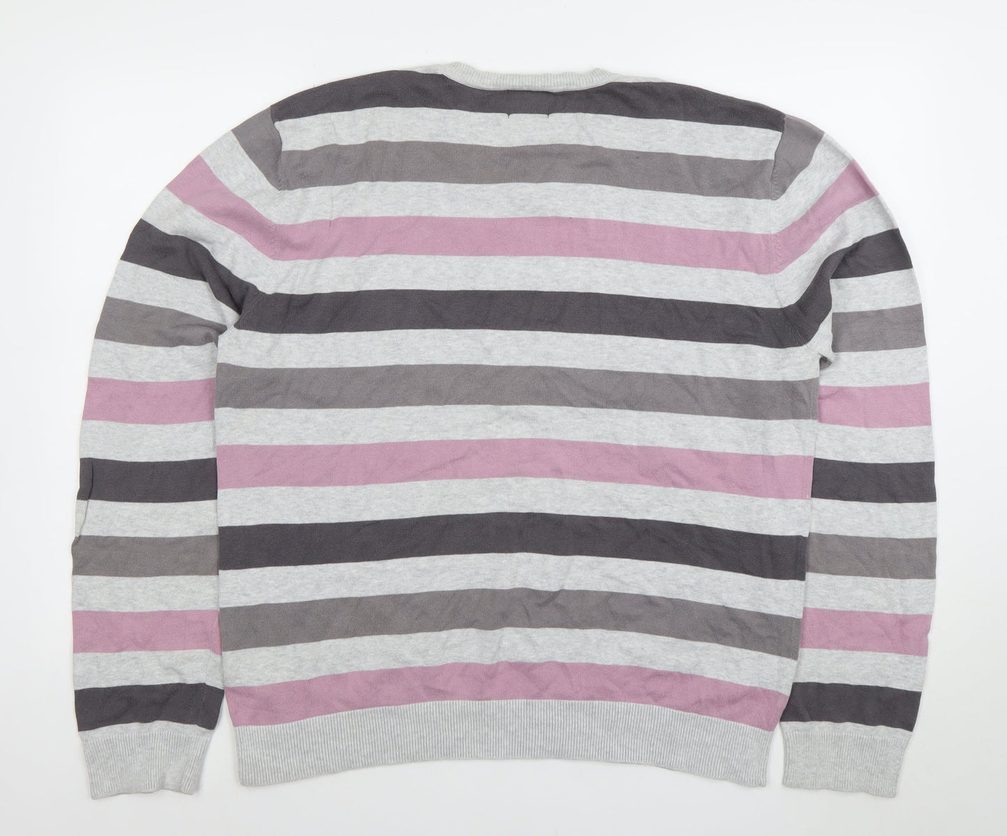 BHS Men's Grey Striped Cotton V-Neck Jumper Large
