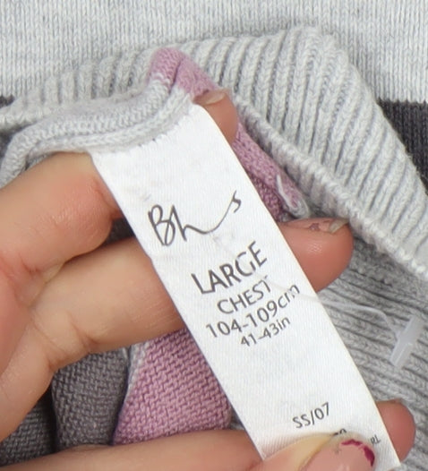 BHS Men's Grey Striped Cotton V-Neck Jumper Large
