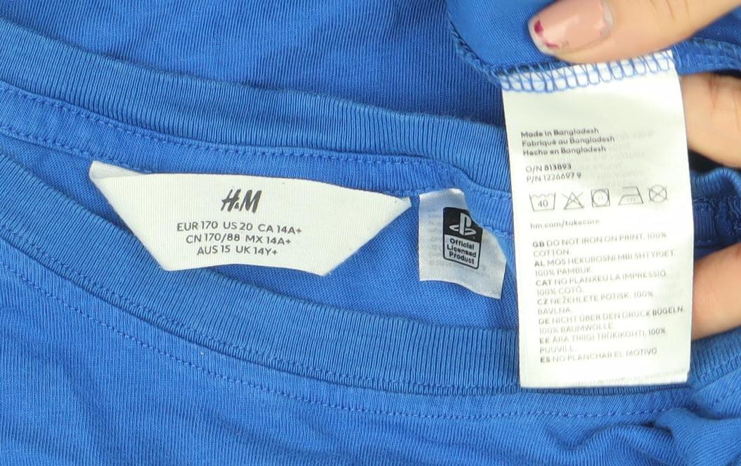 H&M Boys Blue PlayStation Logo Graphic T-Shirt 14 Years Cotton Casual
