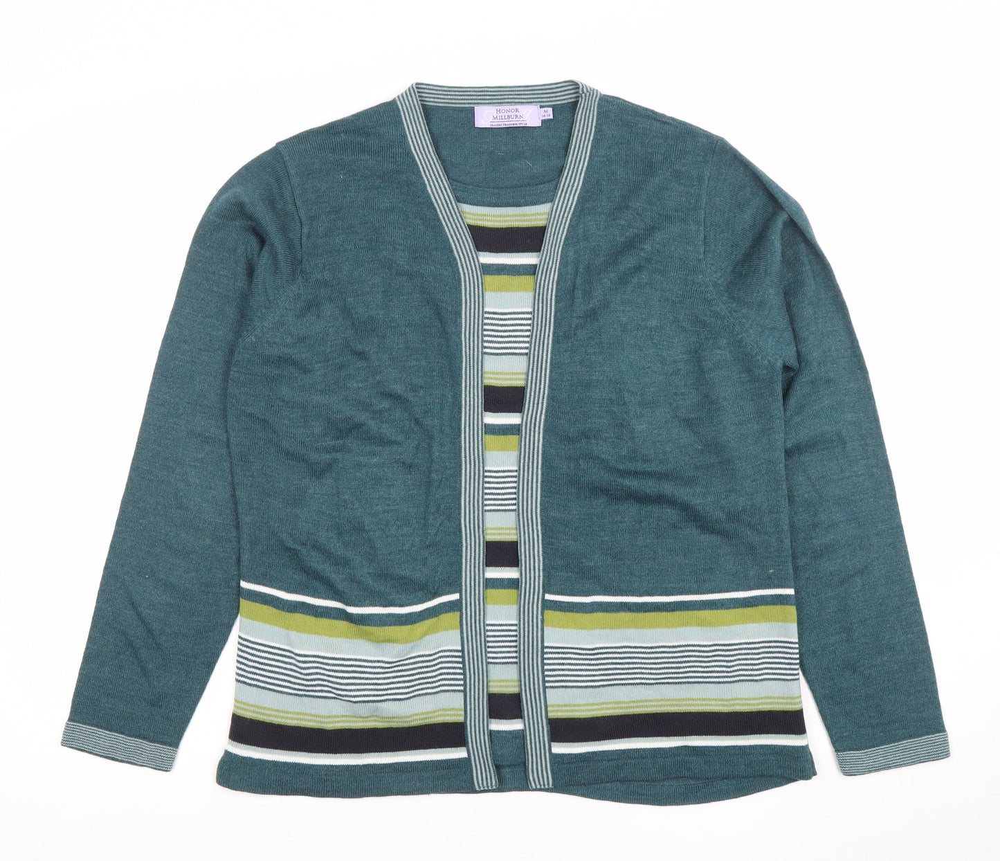 Honor Millburn Women's Green Striped Knit Open Cardigan M
